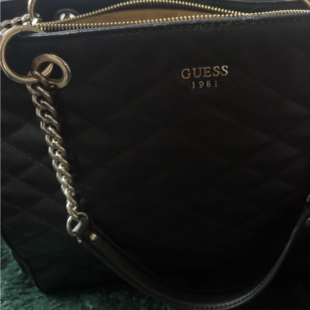 Guess Black Quilted Shoulder Bag with Gold and Silver Details